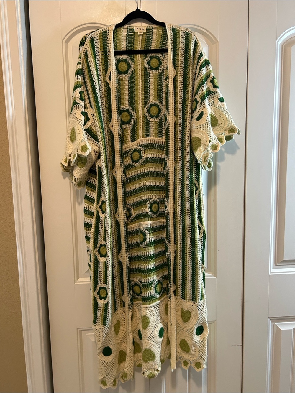 POL Crochet Open-Front Duster Cardigan - Green & White - Picture 2 of 6